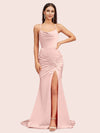 Sexy Backless Mermaid Spaghetti Straps Scoop Long Soft Satin Bridesmaid Dresses With Slit