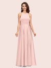Sexy Backless Halter Simple Long Satin Graduation Prom Dresses With Bow