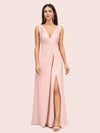 Sexy V-neck Long Side Slit Silk Satin Evening Prom Dresses Online