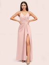 Modern Spaghetti Straps V-neck Side Slit Long Satin Party Prom Dresses With Slit