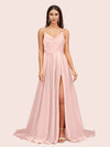 Elegant A-line Spaghetti Straps Long Soft Satin Bridesmaid Dresses With Slit Online