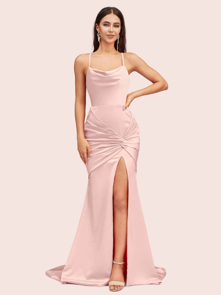Sexy Backless Mermaid Spaghetti Straps Cowl Long Satin Formal Prom Dresses With Slit