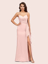 Sexy Spaghetti Straps V-neck Long Mermaid Satin Bridesmaid Dresses With Slit