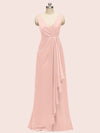 Elegant V-neck Floor Length Long Soft Satin Bridesmaid Dresses With Slit