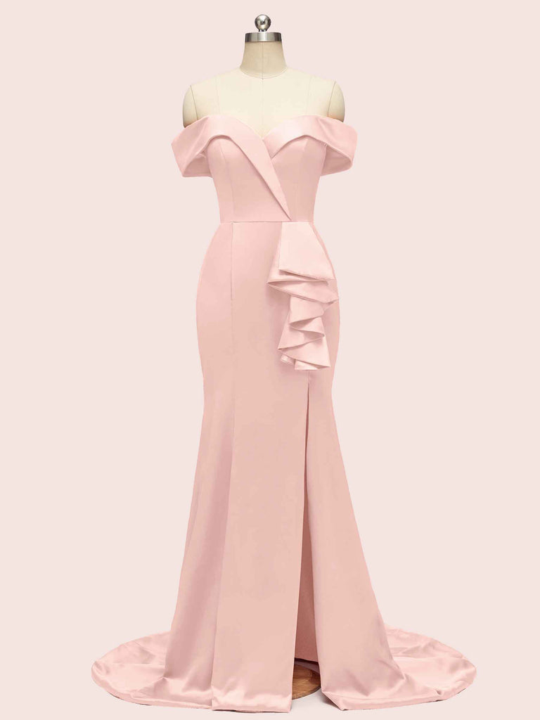 Elegant Off Shoulder Mermaid Long Soft Satin Bridesmaid Dresses 2023
