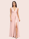Sexy V-neck Long Side Slit Soft Satin Bridesmaid Dresses Online