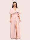 Elegant Bat Sleeves V-neck Side Slit Long Soft Satin Bridesmaid Dresses