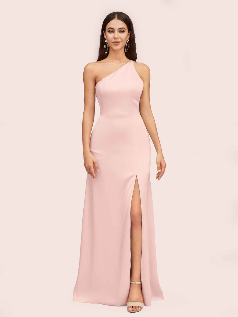 Cetims Elegant Silky Satin One Shoulder Bridesmaid Dress with Side Split Floor Length Taupe