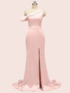 Sexy Side Slit Mermaid One Shoulder Long Silky Satin Formal Prom Dresses