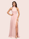 Elegant A-line High Neck Long Side Split Long Soft Satin Bridesmaid Dresses