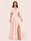 Elegant A-line V-neck Short Sleeves Long Bridesmaid Dresses With Slit