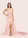 Sexy Mermaid One Shoulder Long Soft Satin Side Slit Bridesmaid Dresses