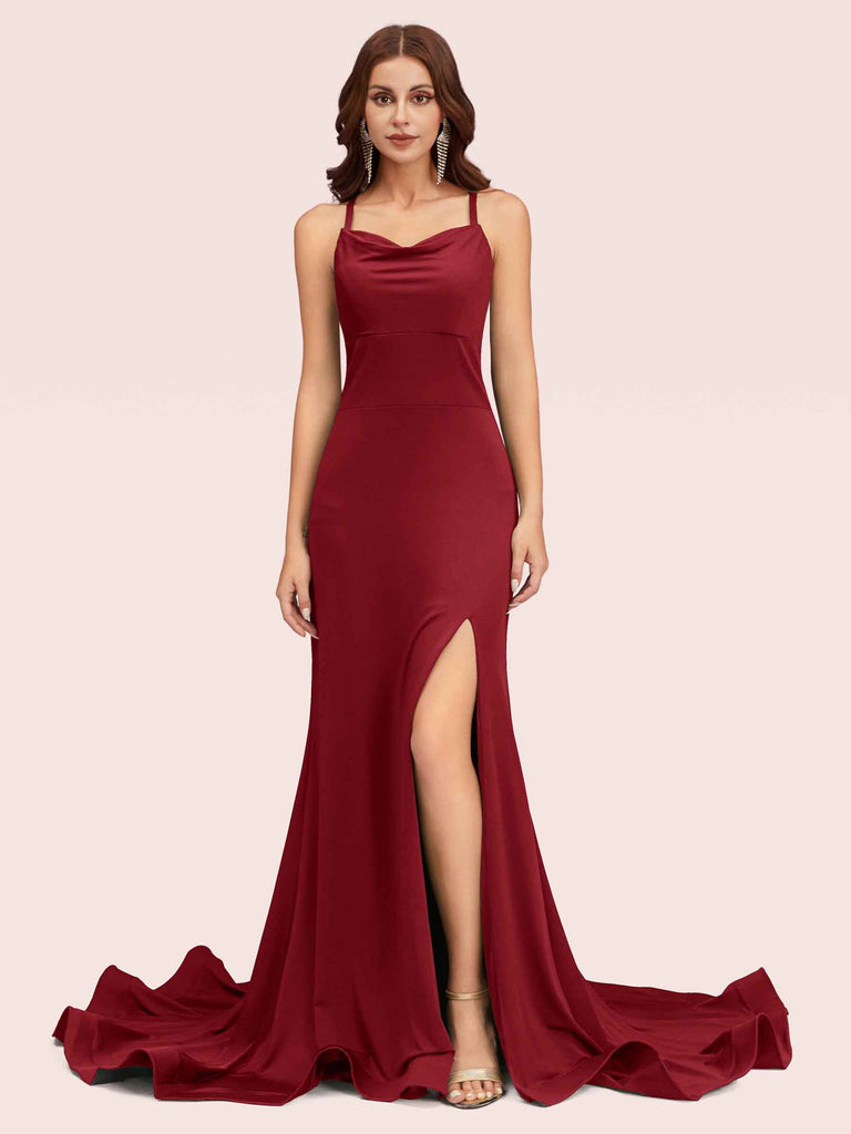 Sexy Backless Criss Cross Side Slit Stretchy Jersey Long Mermaid Bridesmaid Dresses