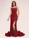 Sexy Backless Spaghetti Straps Side Slit Stretchy Jersey Long Mermaid Bridesmaid Dresses