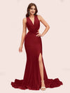 Sexy Mermaid Side Slit Deep V-neck Stretchy Jersey Long Bridesmaid Dresses Online