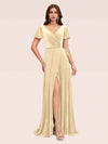 Elegant Velvet V-neck Side Slit Short Sleeves Long Bridesmaid Dresses Online