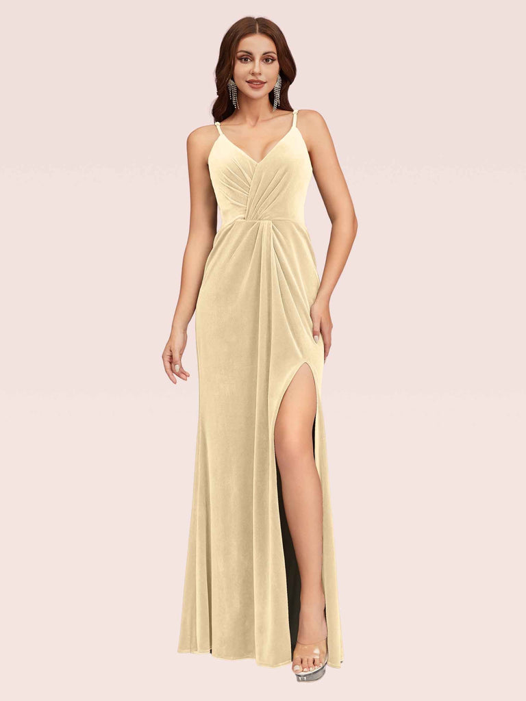 Sexy Spaghetti Strap V-Neck Long Velvet Evening Prom Dress With Slit