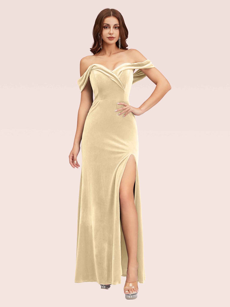 Cetims Elegant Off Shoulder Mermaid Velvet Bridesmaid Dress with Side Split Ideal for Wedding Guests Champagne