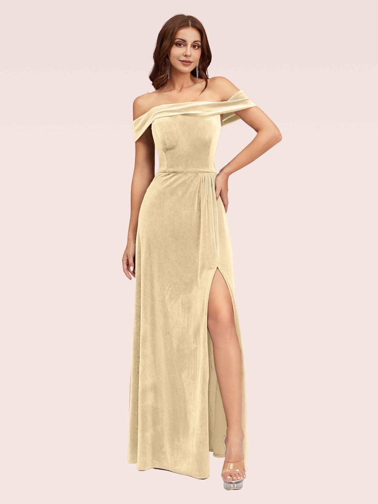 Elegant Stretch Velvet Off Shoulder Side Slit Long Bridesmaid Dresses Online Elegant Stretch Velvet Off Shoulder Side Slit Long Bridesmaid Dresses Online
