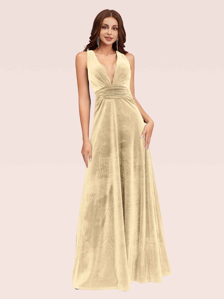 Sexy Deep V Neck Velvet V-Neck Criss Cross Long Bridesmaid Dresses Online For Sale