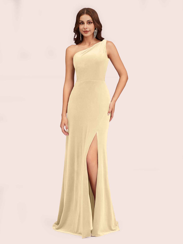Modern Velvet One Shoulder Side Slit Sheath Long Bridesmaid Dresses Online Modern Velvet One Shoulder Side Slit Sheath Long Bridesmaid Dresses Online
