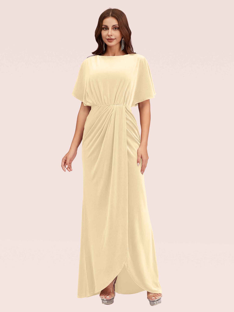Elegant Velvet Bateau Bat Sleeve Side Slit Long Bridesmaid Dresses With Slit