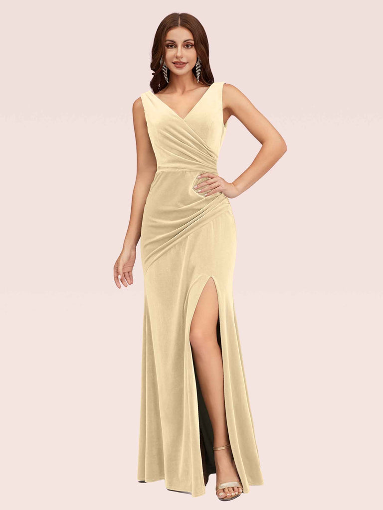 Elegant V-Neck Side Slit Long Velvet Formal Prom Dresses With Slit Online