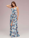 Elegant Floral Chiffon Spaghetti Straps V-neck Long Bridesmaid Dresses With Slit