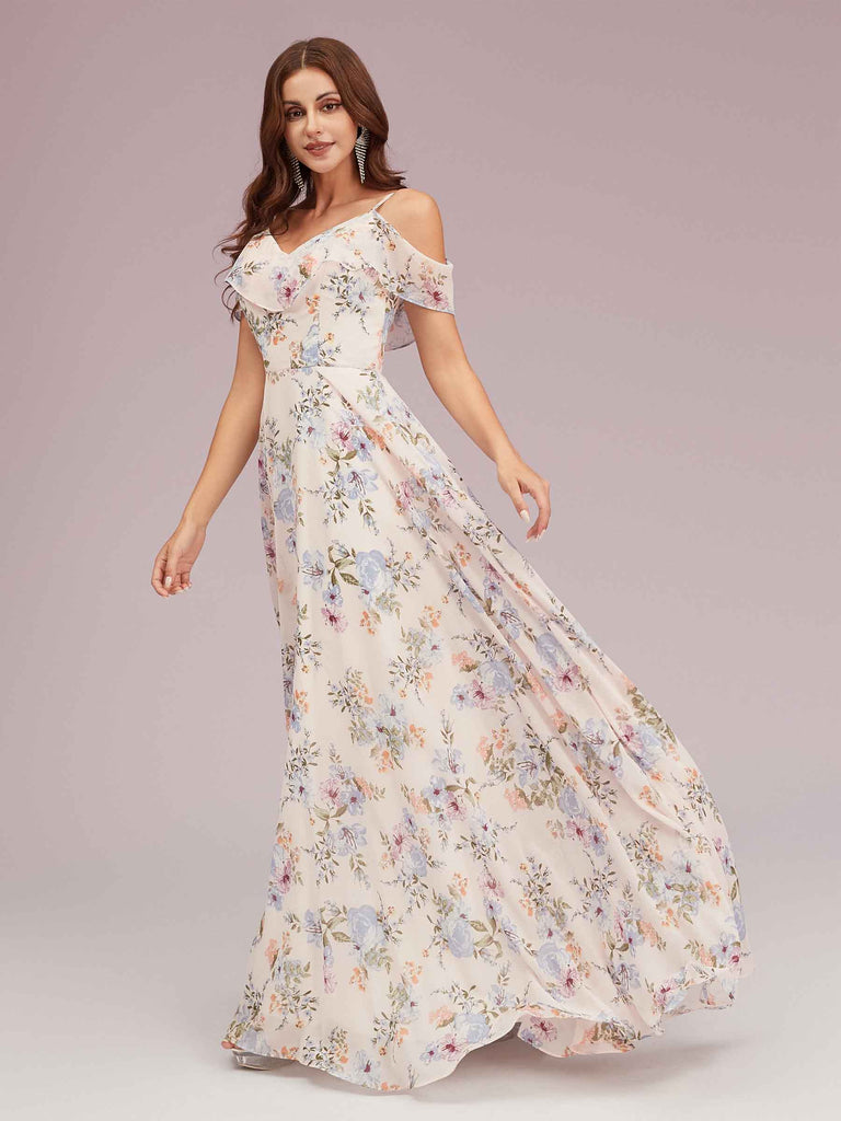 Cute Floral Chiffon Cold Shoulder Long Bridesmaid Dresses Online Cute Floral Chiffon Cold Shoulder Long Bridesmaid Dresses Online