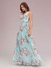 Cute Floral Chiffon Blue Deep V-neck Long Formal Prom Dresses