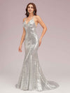 Sexy Backless Halter V-neck Backless Silver Sequin Long Mermaid Prom Dresses