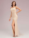 Champagne Spaghetti Straps Sequin Long Mermaid Prom Dresses With Slit