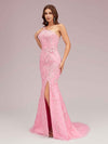 Pink One Shoulder Side Slit Lace Applique Long Mermaid Prom Dresses