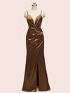 Sexy Mermaid Spaghetti Strap Side Slit Satin Long Formal Dresses For Women