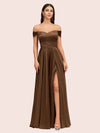 Sexy Off Shoulder Side Slit A-Line Long Soft Satin Bridesmaid Dresses Online