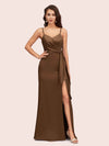 Sexy Spaghetti Straps V-neck Long Mermaid Satin Graduation Prom Dresses With Slit
