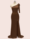 Sexy Mermaid One Shoulder Long Stretch Satin Formal Prom Dresses With Slit