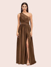 Unique One Shoulder Long Side Slit Soft Satin Graduation Prom Dresses 2023