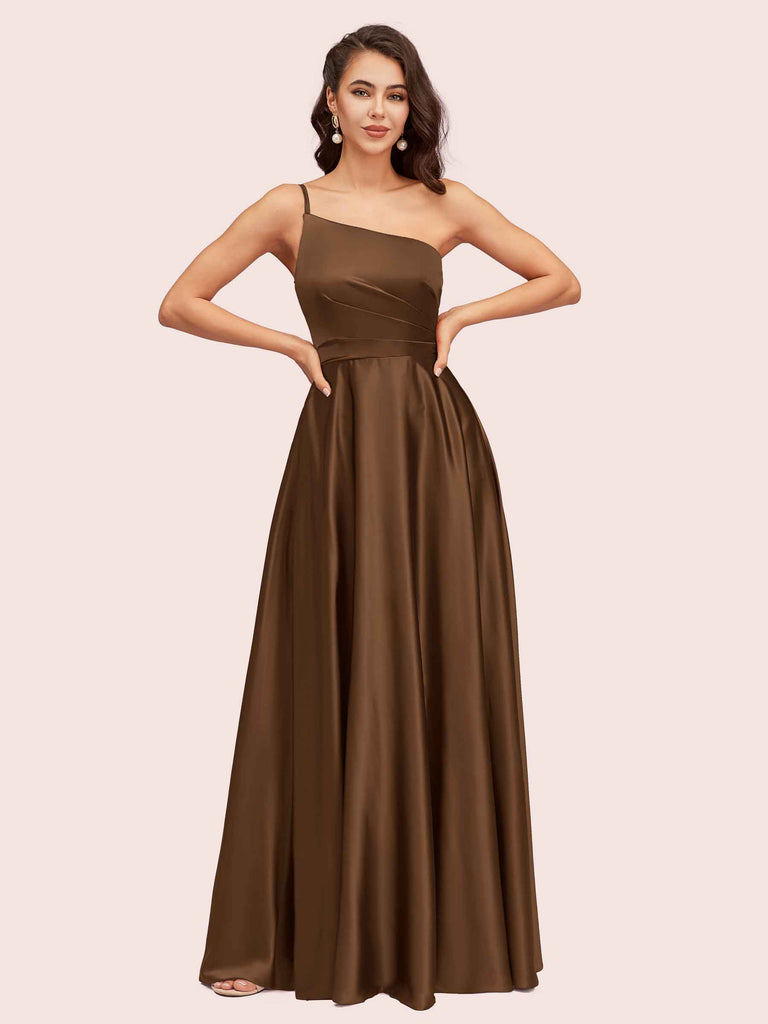 Cetims Elegant One Shoulder A Line Floor Length Soft Satin Bridesmaid Dresses With Pleats Brown
