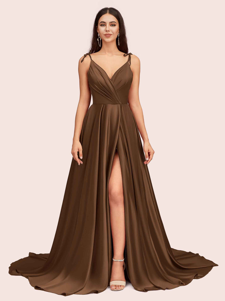 Elegant Spaghetti Straps A-line V-neck Long Soft Satin Side Slit Formal Prom Dresses Elegant Spaghetti Straps A-line V-neck Long Soft Satin Side Slit Formal Prom Dresses