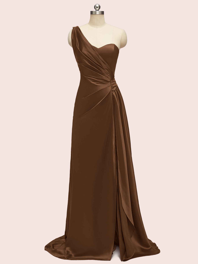 Sexy Side Slit One Shoulder Long Soft Satin Bridesmaid Dresses Online