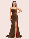 Sexy Backless Mermaid Spaghetti Straps Cowl Long Satin Formal Prom Dresses With Slit