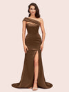 Sexy Mermaid One Shoulder Long Soft Satin Bridesmaid Dresses With Slit