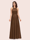 Sexy Backless Halter Simple Long Satin Graduation Prom Dresses With Bow