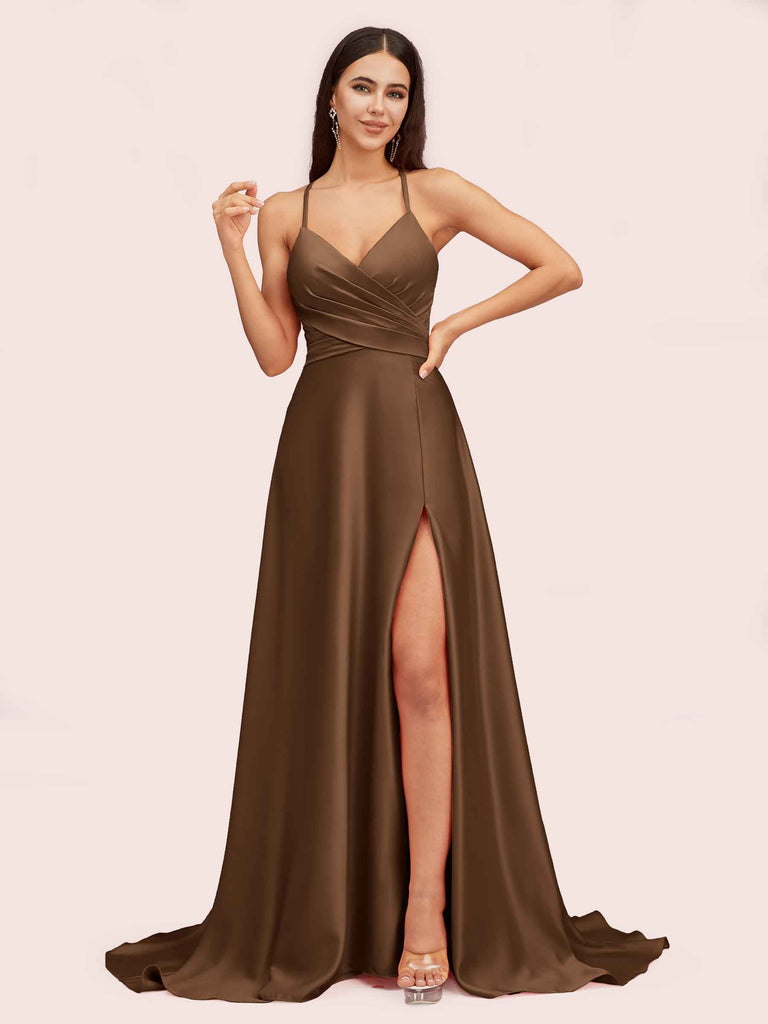 Elegant A-line Spaghetti Straps Long Soft Satin Party Prom Dresses With Slit Elegant A-line Spaghetti Straps Long Soft Satin Party Prom Dresses With Slit