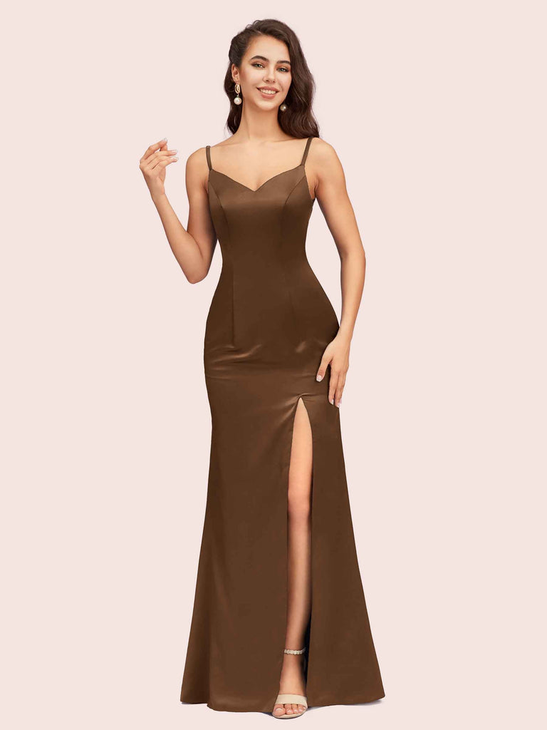 Simple Spaghetti Straps Mermaid Long Silky Satin evening Prom Dresses With Slit Simple Spaghetti Straps Mermaid Long Silky Satin evening Prom Dresses With Slit