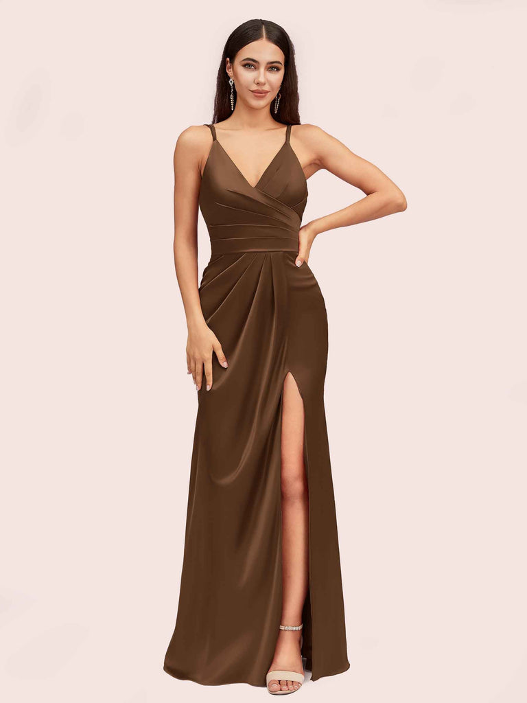 Sexy Spaghetti Straps V-neck Long Silky Soft Satin Formal Prom Dresses With Slit Sexy Spaghetti Straps V-neck Long Silky Soft Satin Formal Prom Dresses With Slit