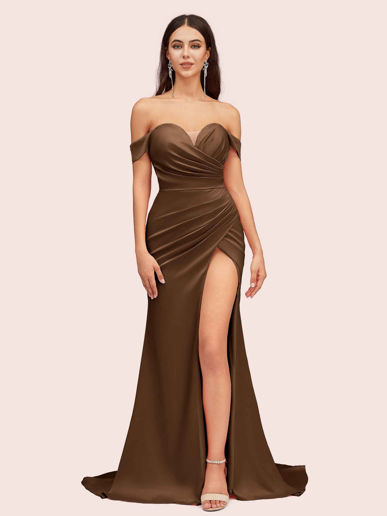 Sexy Side Slit Off Shoulder Long Silky Satin Mermaid Formal Prom Dresses Online Sexy Side Slit Off Shoulder Long Silky Satin Mermaid Formal Prom Dresses Online