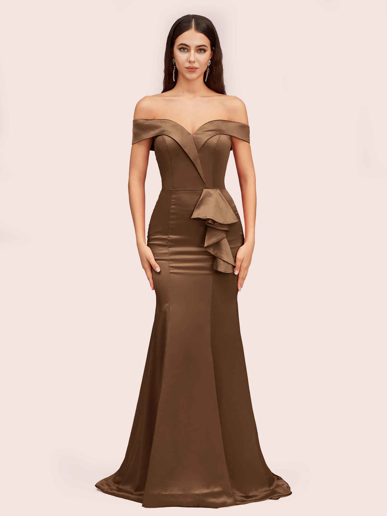 Cetims Elegant Soft Satin Mermaid Off Shoulder Long Bridesmaid Dresses Brown