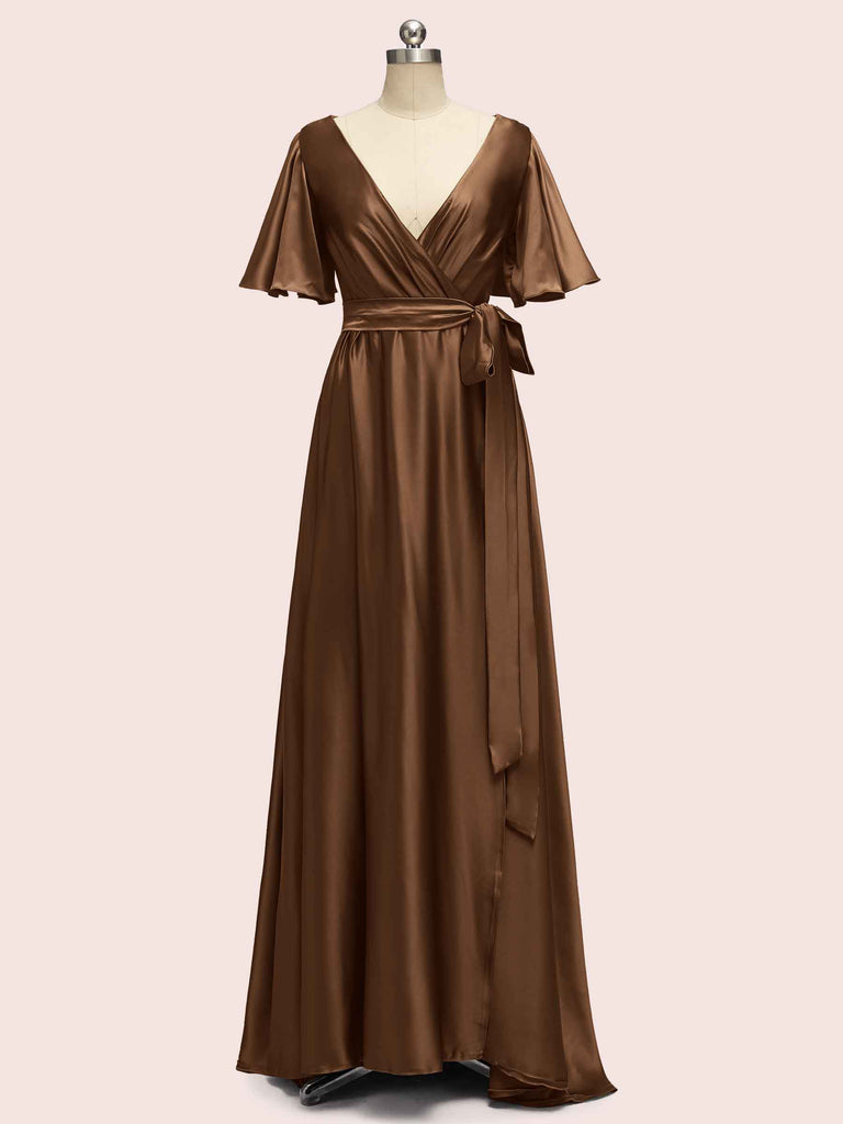 Elegant V-Neck A-Line Long Soft Satin Short Sleeve Bridesmaid Dresses Elegant V-Neck A-Line Long Soft Satin Short Sleeve Bridesmaid Dresses